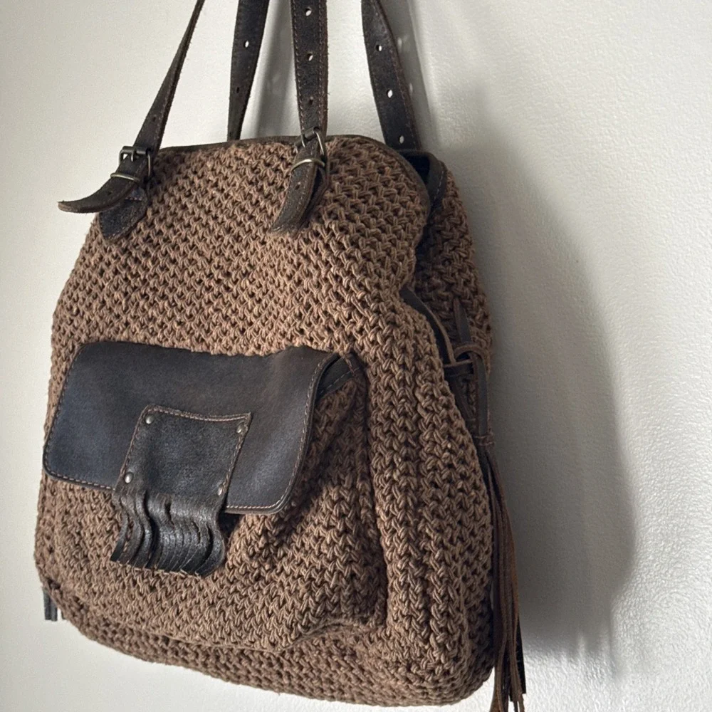 Bonfanti Purse Crochet Wool Knit Handbag Brown Leather Bag Indie‎ Hippie Italy